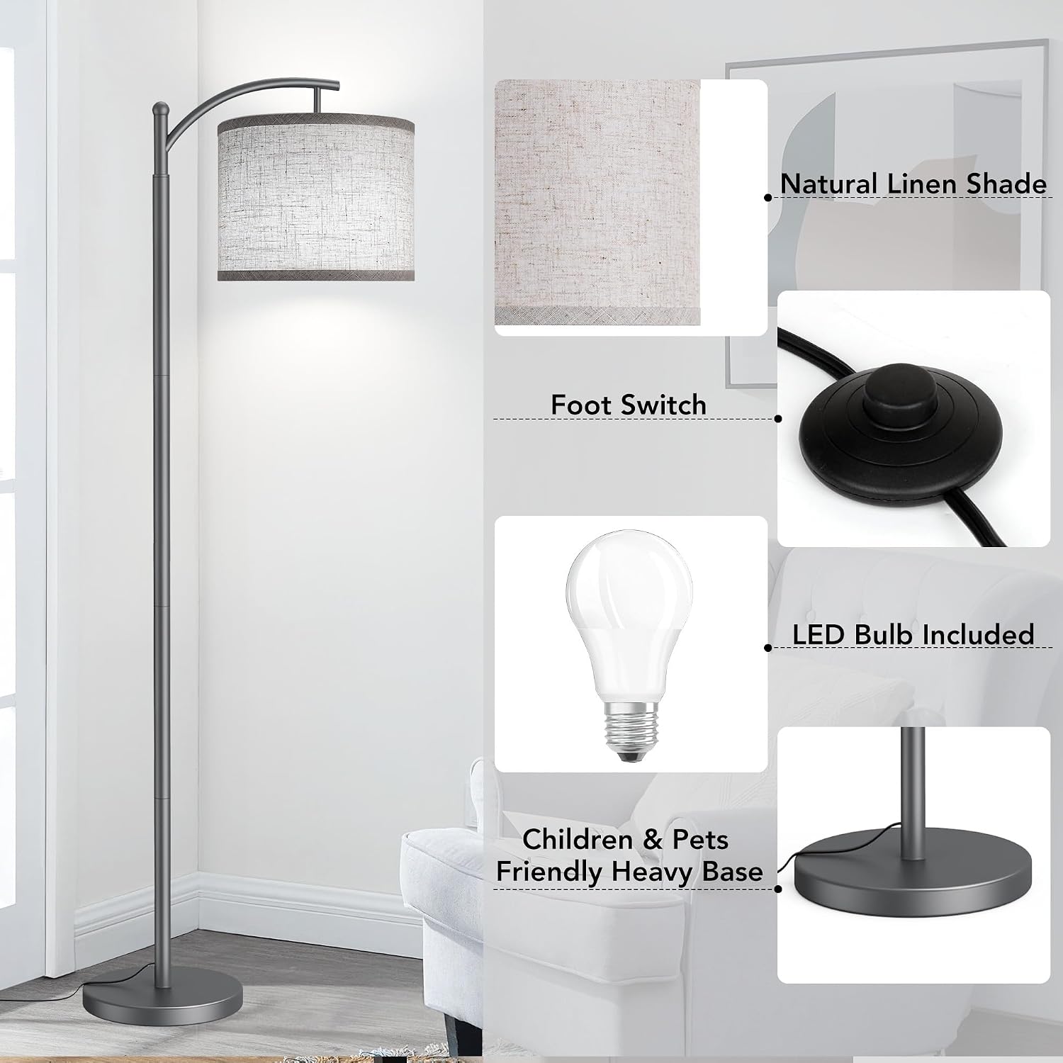 Floor Lamp for Living Room with 3 Color Temperatures LED Bulb, Standing Lamp Tall Industrial Floor Lamp Reading for Bedroom, Office (9W…
