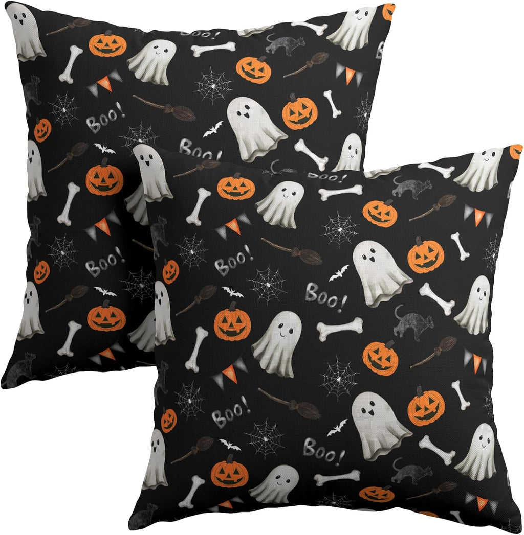 Halloween Throw Pillow Covers 20X20 Inch 2 Packs Boo Cute Ghost Orange Pumpkins Bat Web Decorative Black Pillow Cases Holiday Cotton…