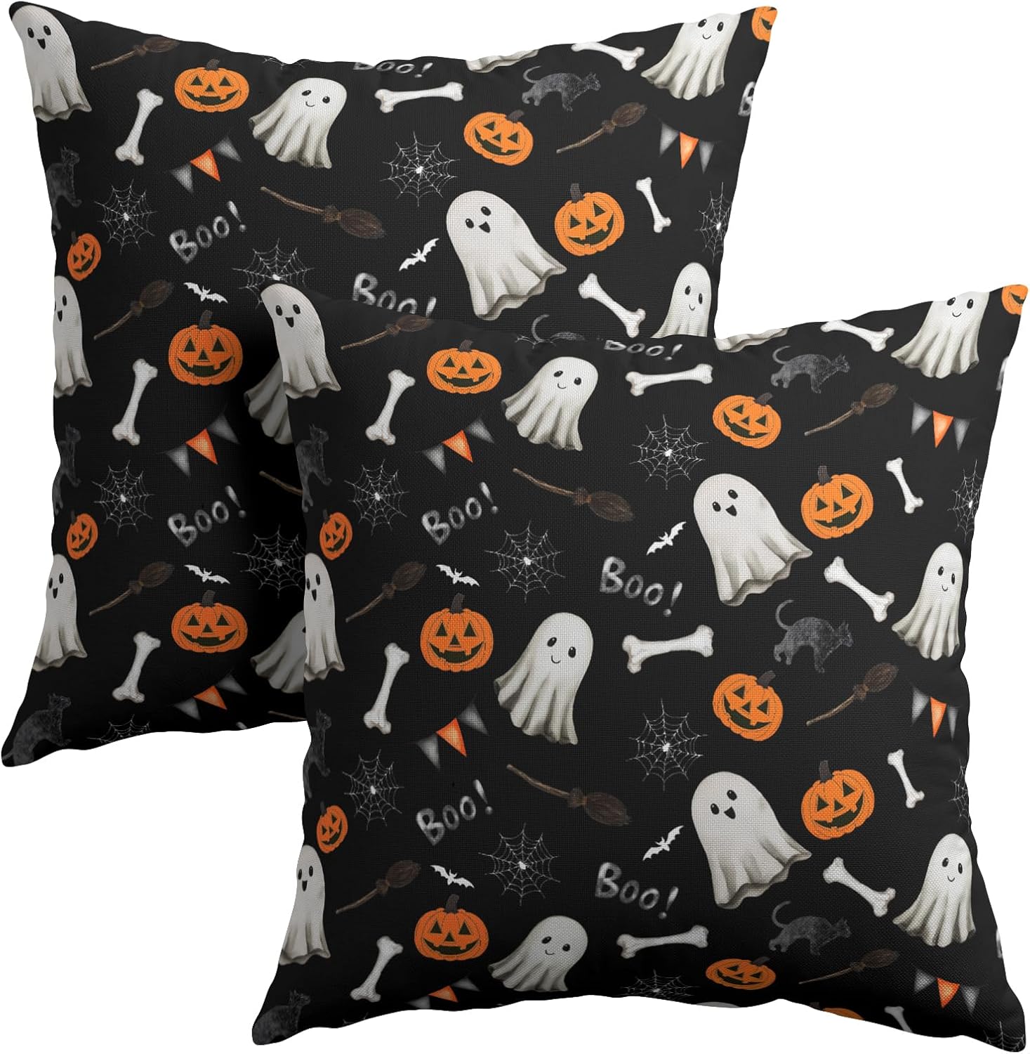 Halloween Throw Pillow Covers 20X20 Inch 2 Packs Boo Cute Ghost Orange Pumpkins Bat Web Decorative Black Pillow Cases Holiday Cotton…