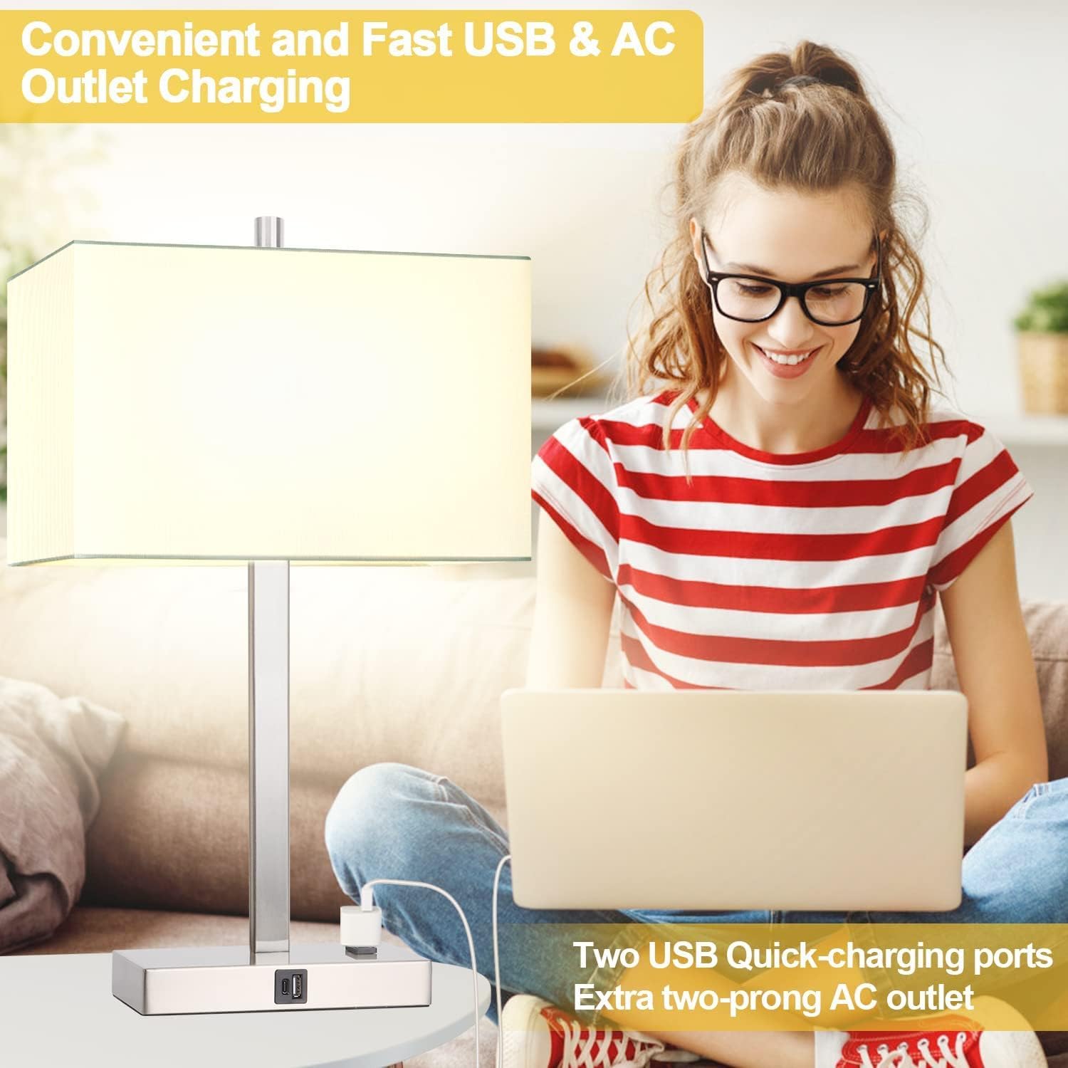 21" Touch Bedside lamps with 2 USB & AC Outlets, 3-Way Dimmable Bedside Table Lamps Set of 2 for Bedroom Living Room Office Reading…