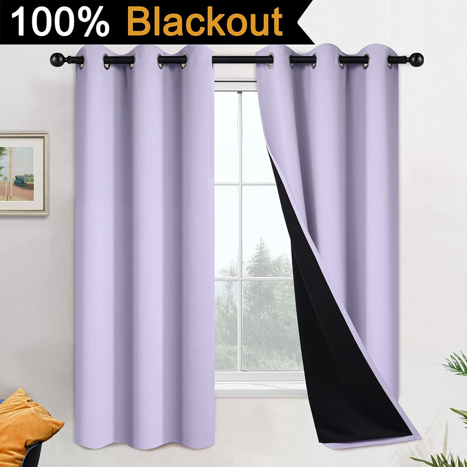 Yakamok 63 Inch Length 100% Blackout Curtains for Bedroom, 2 Thick Layers Thermal Insulated Grommet Total Blackout Drapes with Black Liner…