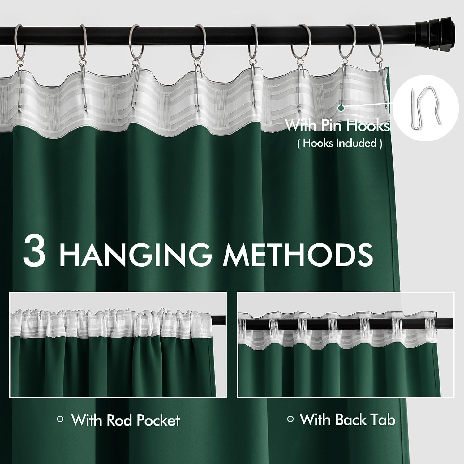 Miulee Christmas Hunter Green Back Tab Blackout Curtain 96 Inch Long 2 Panels Set for Living Room Bedroom, Rod Pocket/Pinch Pleat Thermal I…