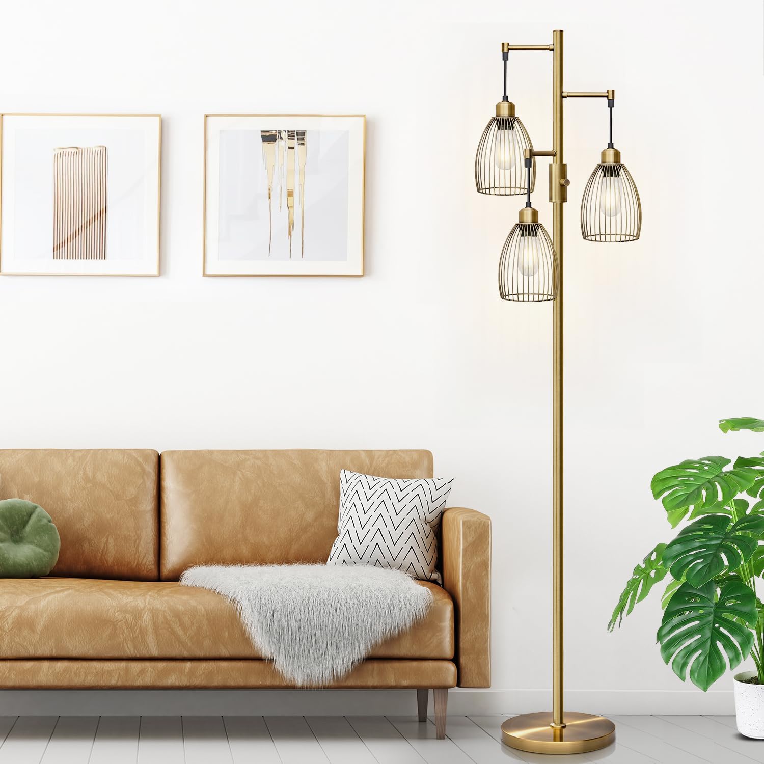 Dimmable Floor Lamp, Industrial Floor Lamps for Living Room, Antique Brass Tree Lamp Standing Lamp Tall Lamps with 3 Elegant Teardrop…