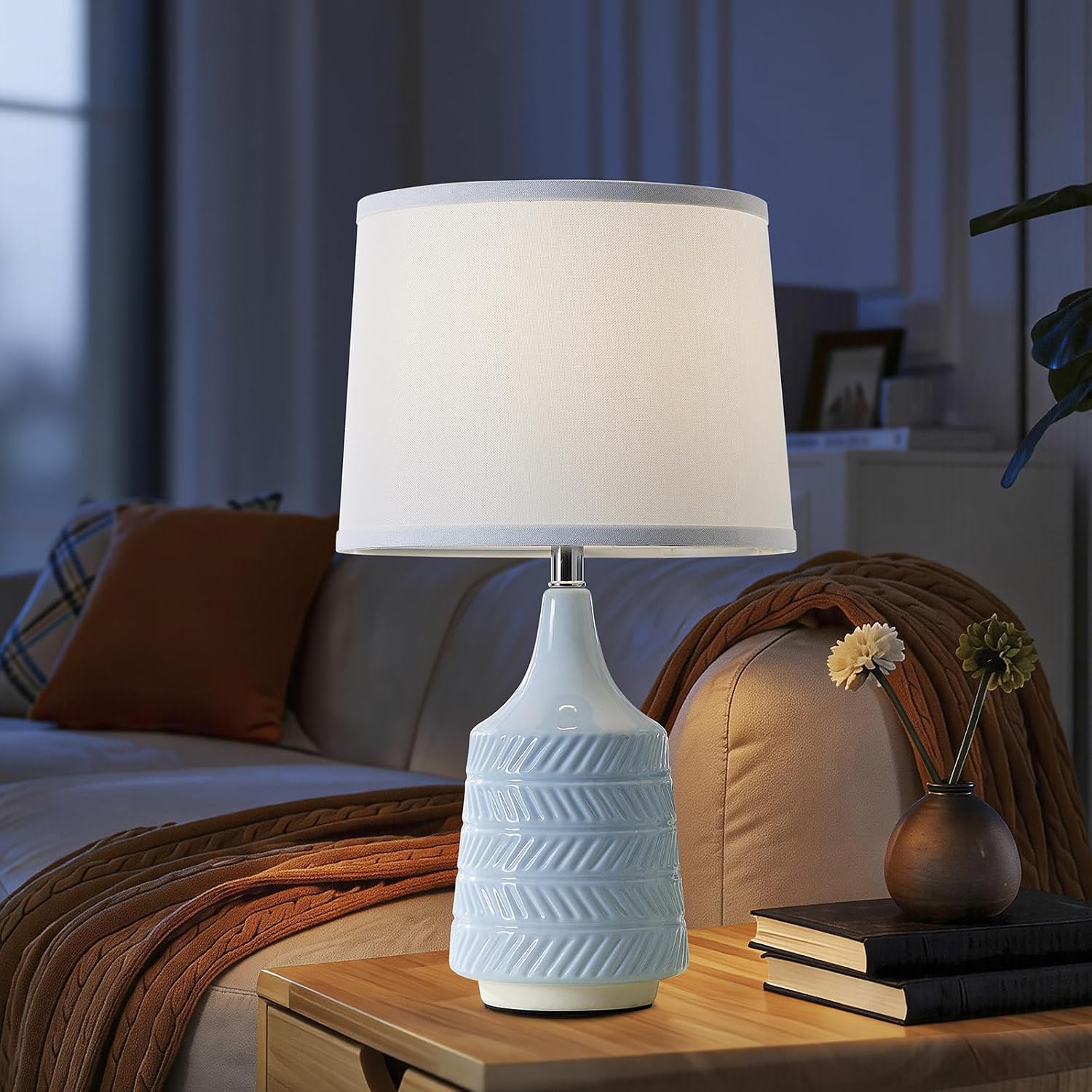 Sky Blue Ceramic Table Lamps Set of 2, 18.5" Modern Bedside Lamps for Night Stands, Classic Small Lamps for Living Room End Tables…