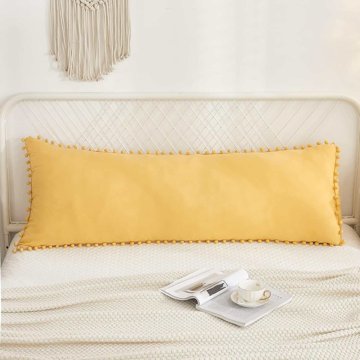 Moveover Yellow Body Pillow Cover Boho Body Pillow Cover Ginger Yellow Pom Poms Fringe Design Body Pillowcases 20x54 Inches Decorative Long…