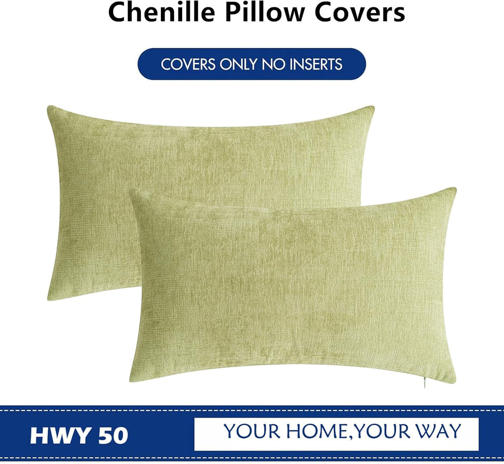 Hwy50 HWY 50 Spring Sage Green Lumbar Throw Pillow Covers 12x20 Inch Pack of 2, Soft Chenille Rectangle Decorative Cushion Cases for Couch…