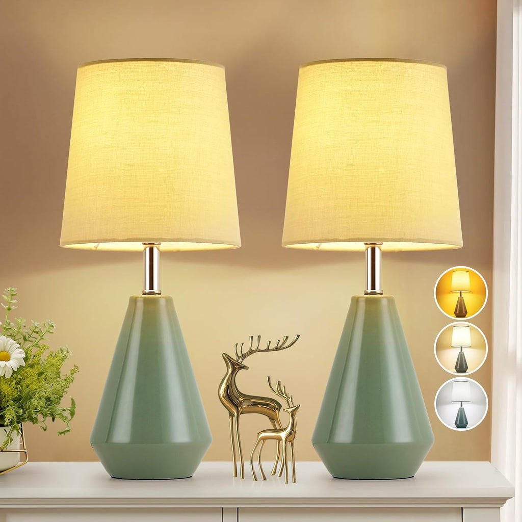 Small Bedside Table Lamp for Bedroom-Reading Desk Lamp Set of 2, with 3 Color Temperatures,15.5" Nightstand Ceramic Lamp with Fabric Shade…