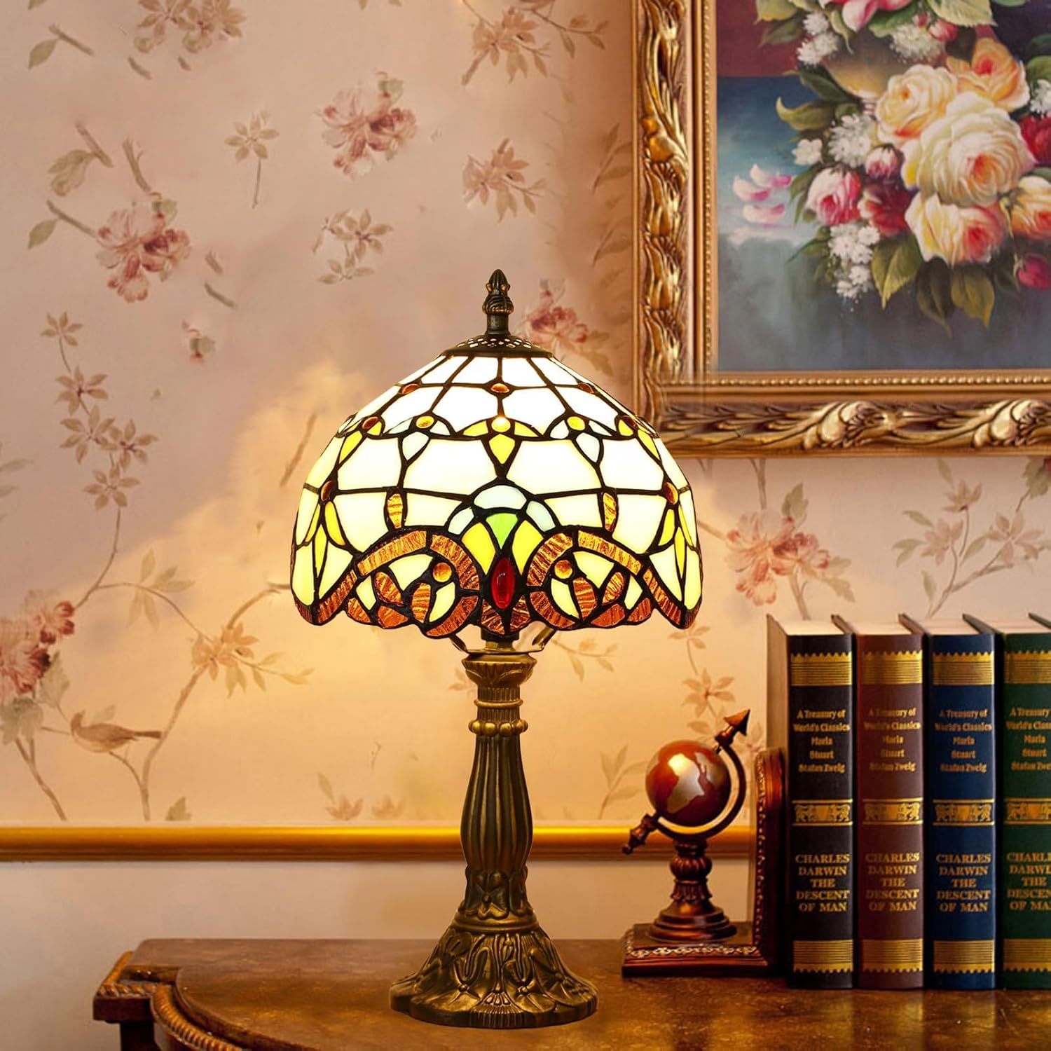 Tiffany Style Table Lamp, Baroque Style Stained Glass Lamp, 8 Inch Small Antique Lamp, for Bedside Nightstand Bedroom Living Room Home…