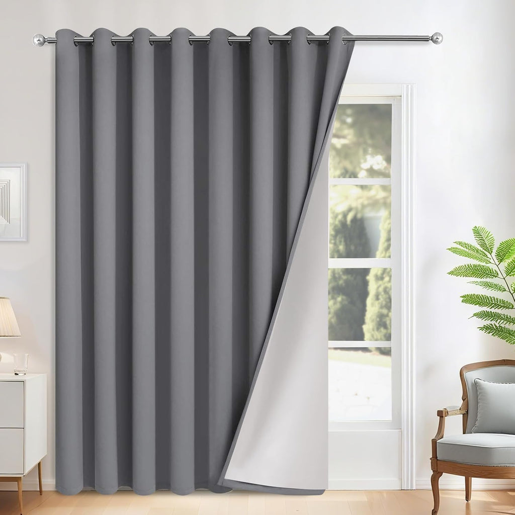 Yakamok Grey Room Darkening 100% Blackout Curtains Grommet Extra Wide Window Treatment with 2 Thick Layers-Gray Thermal Insulated Drape 1…