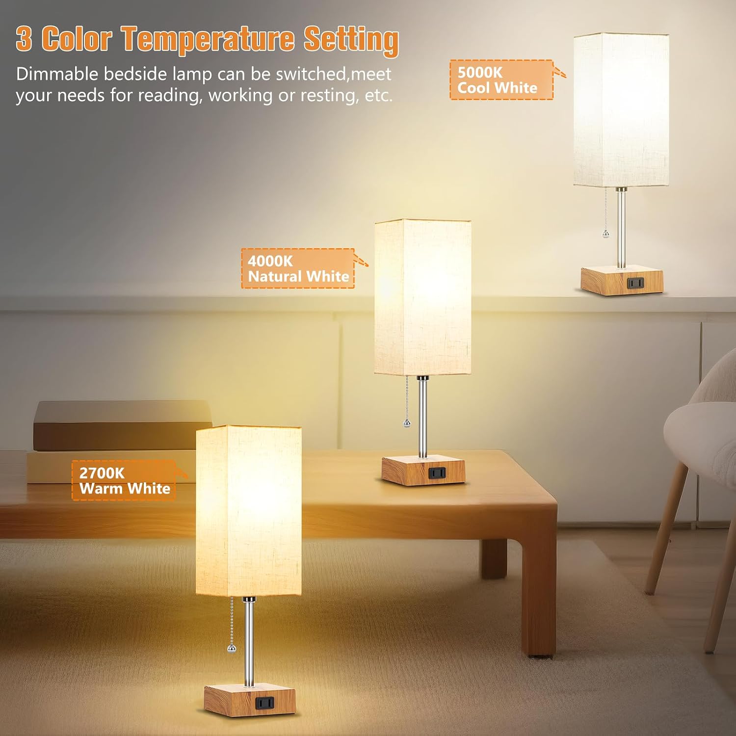 PLMMY Bedside Table Lamps for Bedroom Nightstand, Bedroom Lamp with 3 Color Temperatures Nightstand Lamps Set of 2 with AC Outlets…