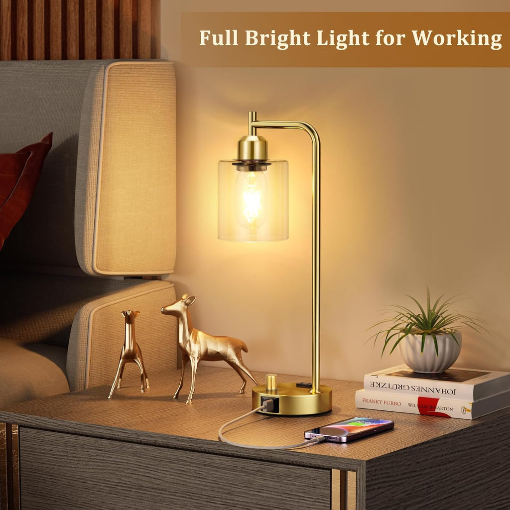 Innqoo Gold Table Lamp for Bedroom - Industrial Bedside Lamp with USB Port and Outlet, Fully Dimmable Nightstand Lamp with Clear Glass…
