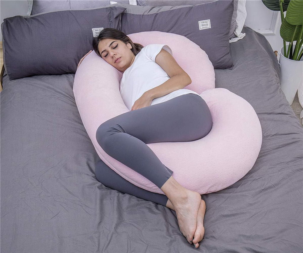 1 MIDDLE ONE Pregnancy Pillow, C Shaped Body Pillow for Maternity Support, Pregnant Women Sleeping Pillow with Velour Cover (Light Pink)