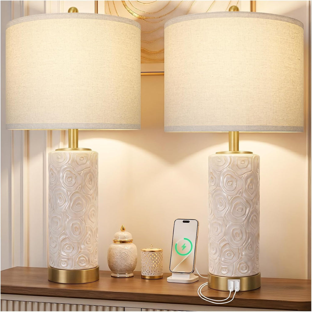 ProductDetails KIVDITZO 25.5" Boho Ceramic Table Lamps Set of 2 with 3-Way Dimmable Bulb for Living Room, Modern Table Lamp with USB A+C Po…