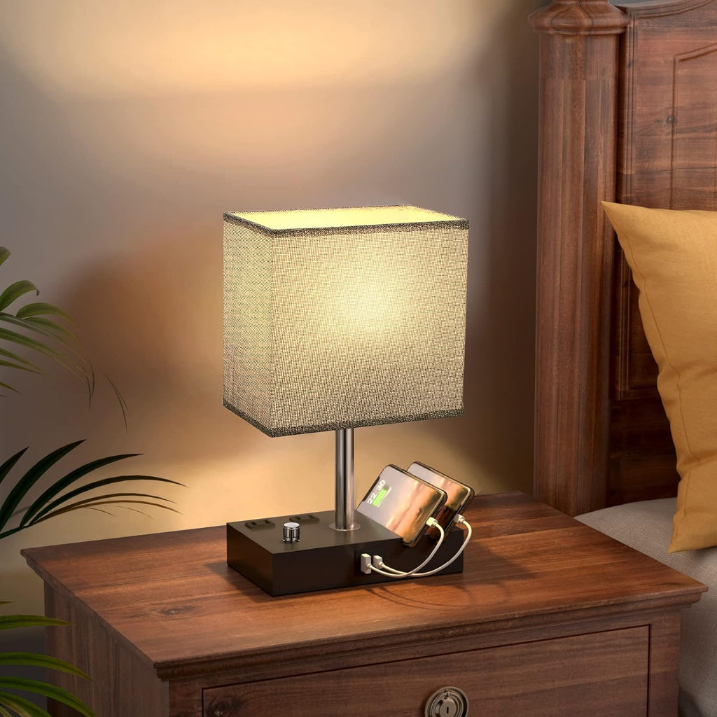 Kakanuo Fully Dimmable Nightstand Lamp for Bedroom with USB C Ports, Grey Small Bedside Table Lamp with Charging Outlets and Phone…