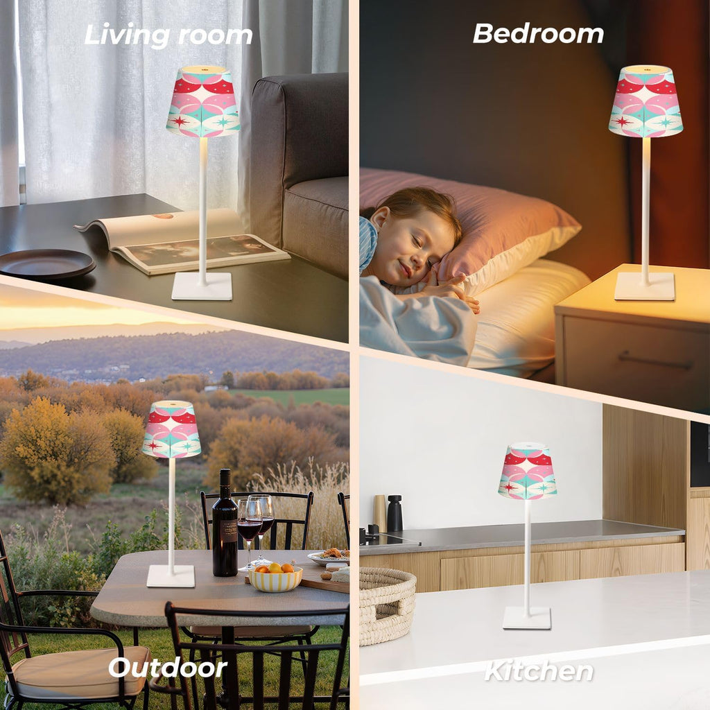 Cordless Mahjong Lamp Geometric Retro Circles Starbursts Soft Pink Coral Teal Color Small LED Lamp 3 Color Dimmable Rechargeable Lamps…