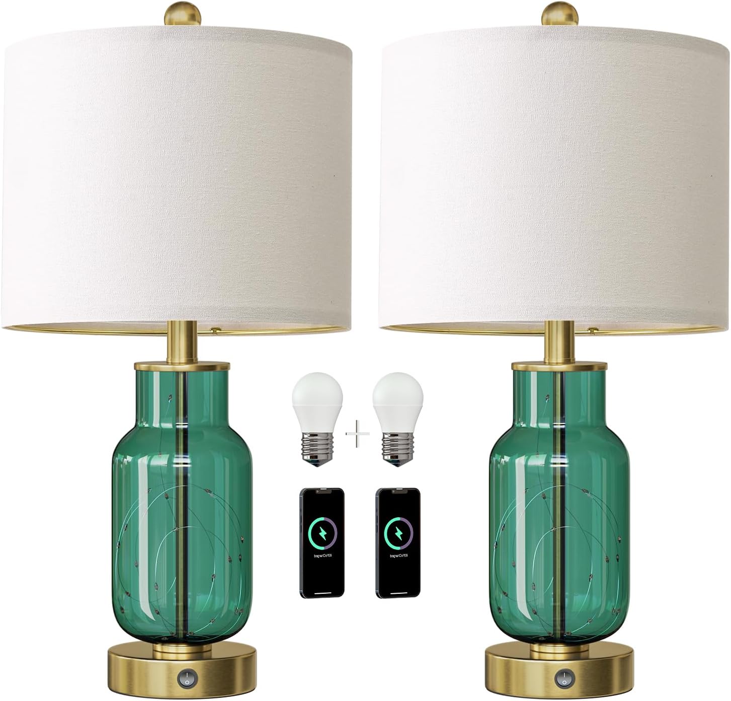 Oneach 22" Glass Table Lamps Set of 2, Green Modern Bedside Lamp with LED Night Light for Living Room, Nightstand Lamp with USB Ports for B…