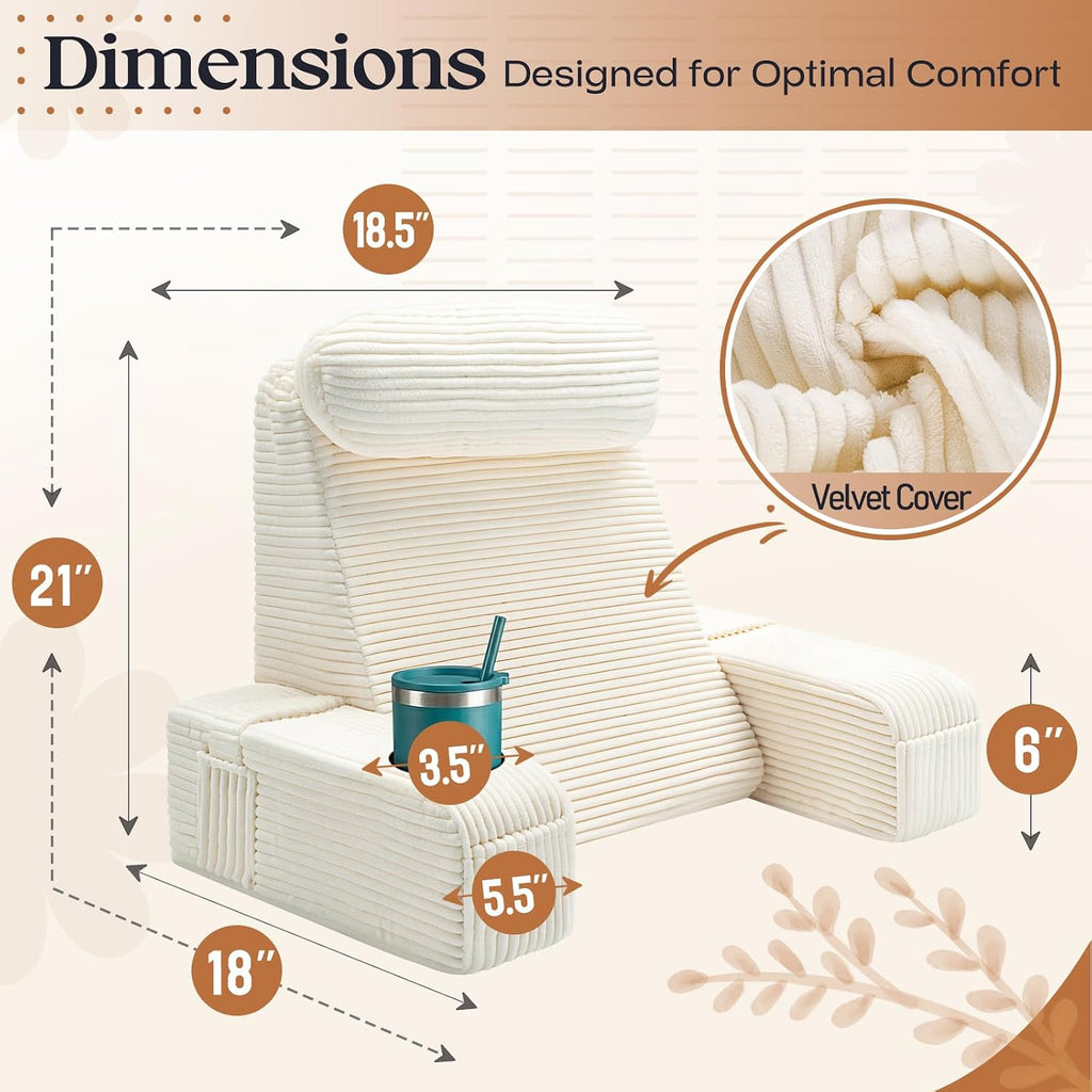Reading Pillow/Backrest Pillow with Arms, Cup Holder & Phone Pocket - Bed Rest Pillow with Adjustable Headrest, Corduroy Fabric for Back…