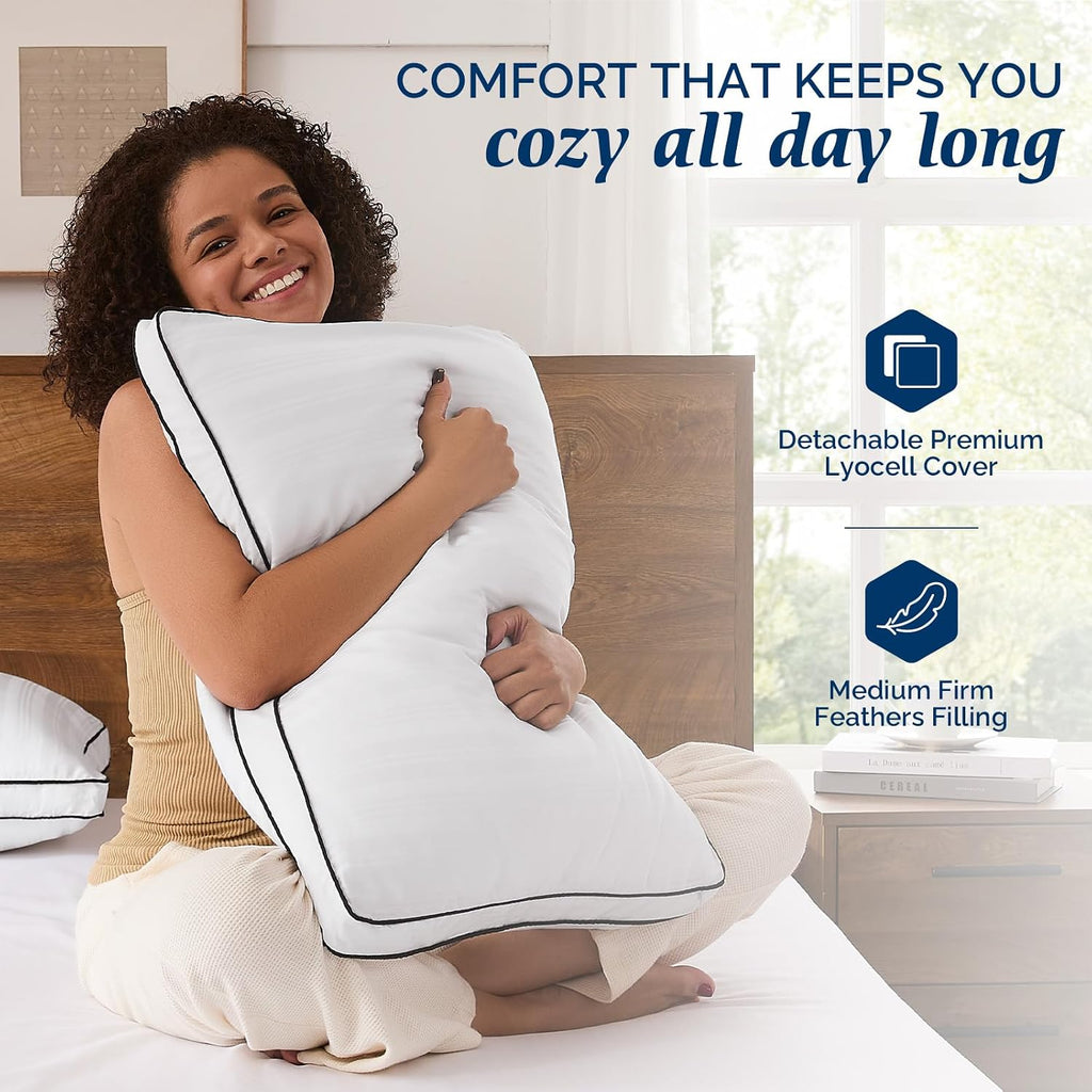 Downluxe Goose Feather and Down Pillows - 2 Pack Gusseted Hotel Collection Feather Pillows for Back, Stomach or Side Sleepers, Queen Size S…