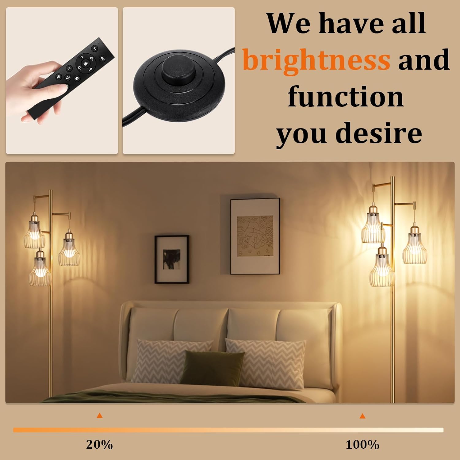 Ziisee Dimmable Gold Floor Lamps for Living Room, Farmhouse Tree Standing Tall Lamp with Remote Control 3 Elegant Cage Shade LED Bulbs…