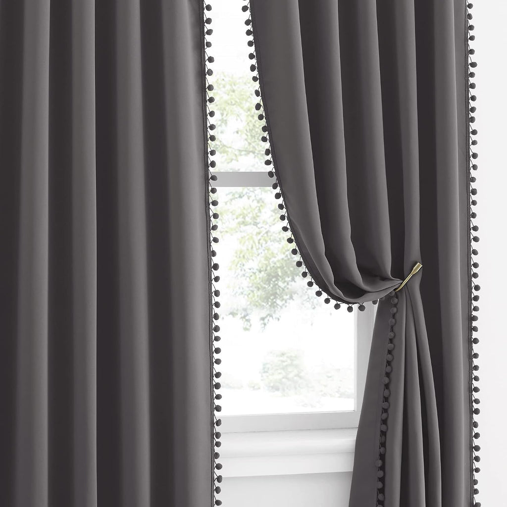 NICETOWN 2 Panels Blackout Curtains, Rod Pocket Pompoms Curtains 84 inches Length for Classroom, Thermal Insulated Cute Window Drapes for…