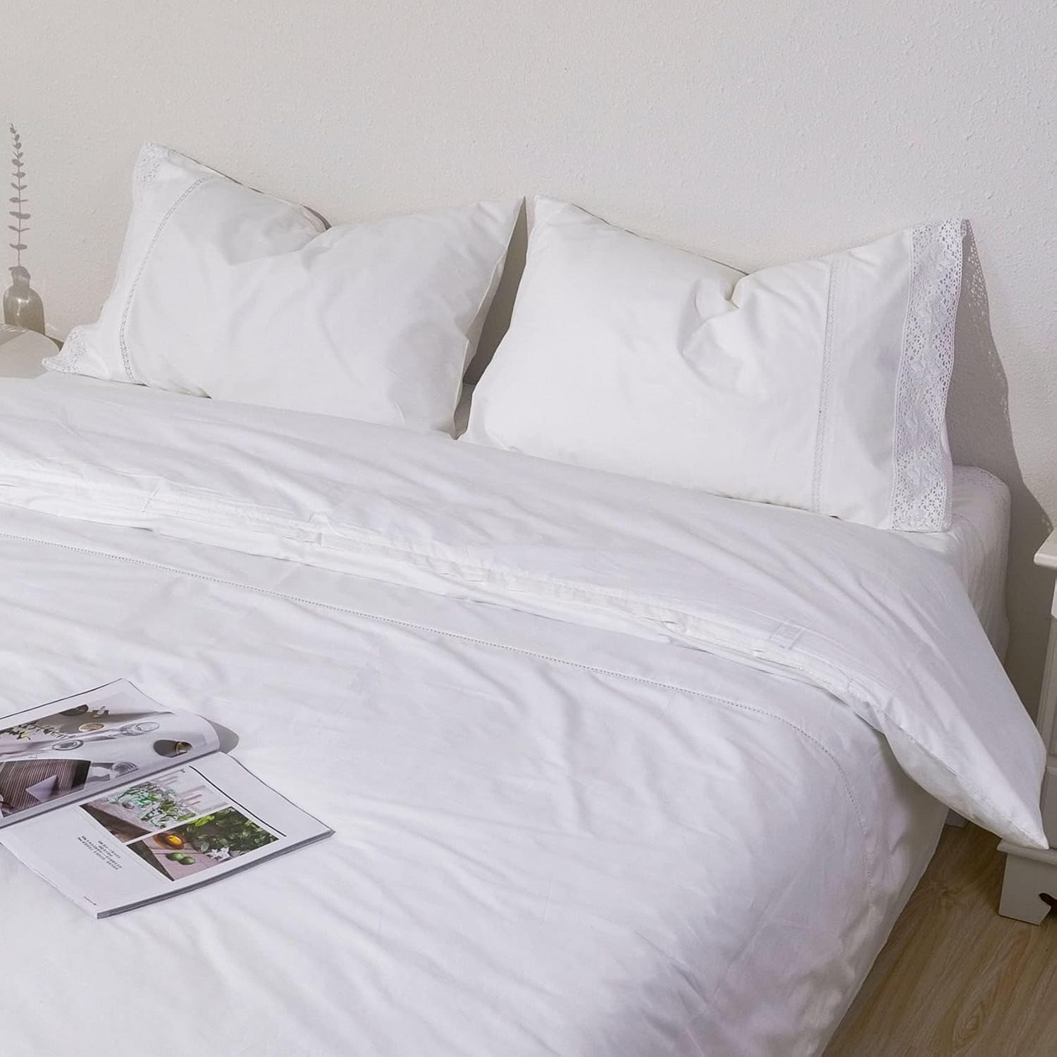 White Lace Pillowcases Standard Size Set of 2, 100% Cotton White Eyelet Pillow Shams, Elegant Farmhouse Envelope Closure Pillow Cover for…