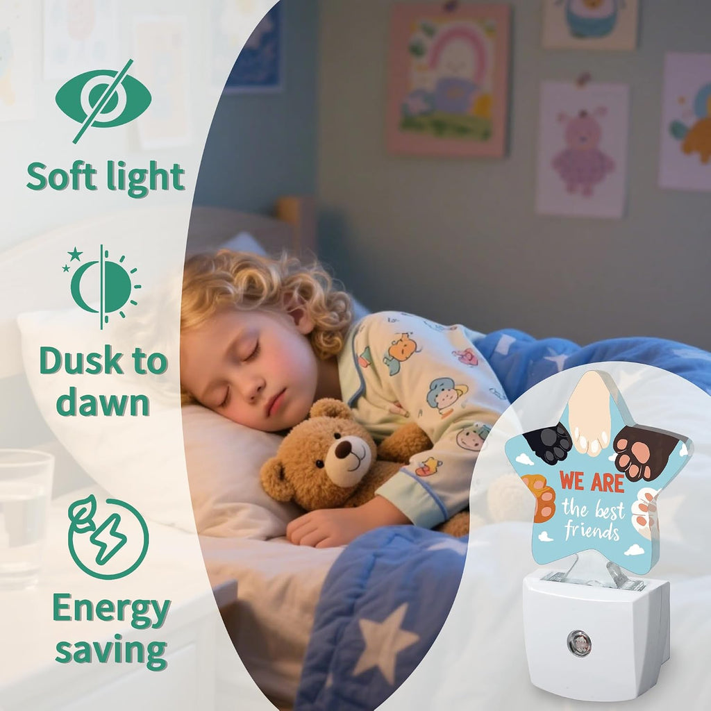 Star Night Light with Dusk to Dawn Sensor, Cat Paw Friends Plug in Night Light for Kids Bedroom Nursery, Soft Warm Glow Lamp for Hallway…