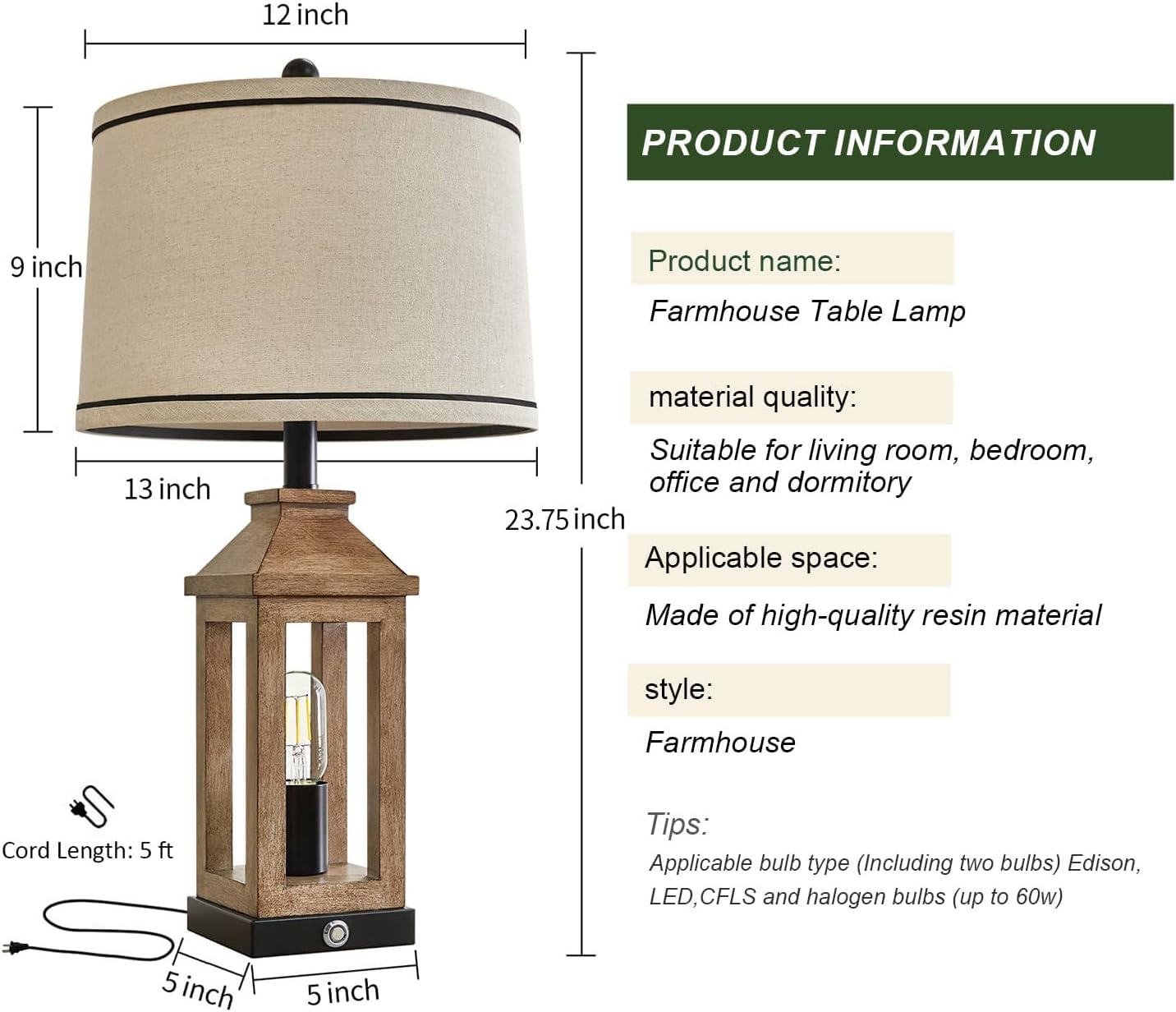 G-SAFAVA 23.75" Farmhouse Table Lamps USB A+C Charging Ports 3-Way Dimmable Touch Control Lamp Nightlight Vintage Modern Lamp for Living…