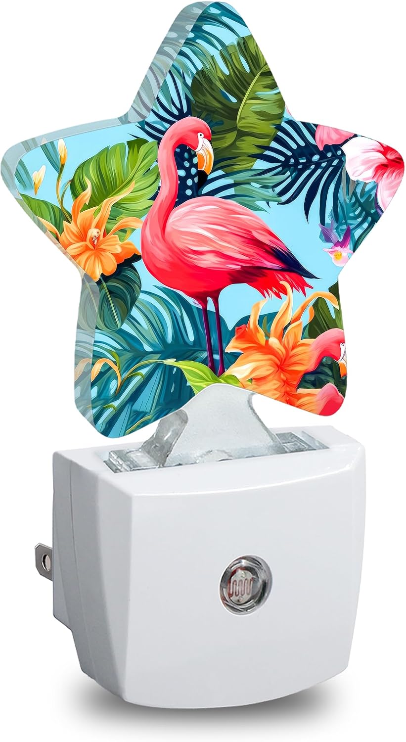 Star Night Light Plug in, Tropical Flamingo Dusk to Dawn Sensor Night Light, Soft Glow Lamp for Kids Bedroom Nursery Hallway Bathroom…