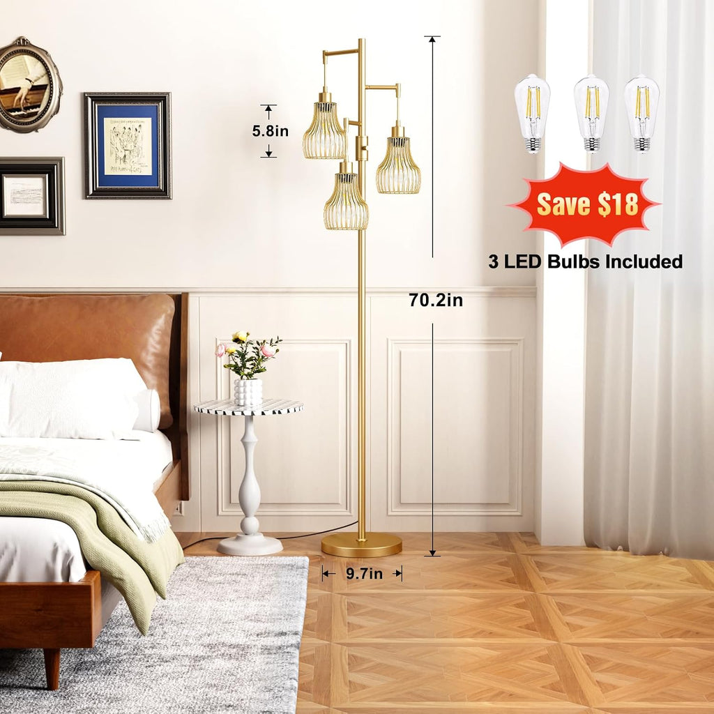 Ziisee Dimmable Gold Floor Lamps for Living Room, 70" Farmhouse Tree Standing Tall Lamps with 3 Elegant Cage Shade & 800 Lumens LED Bulbs…