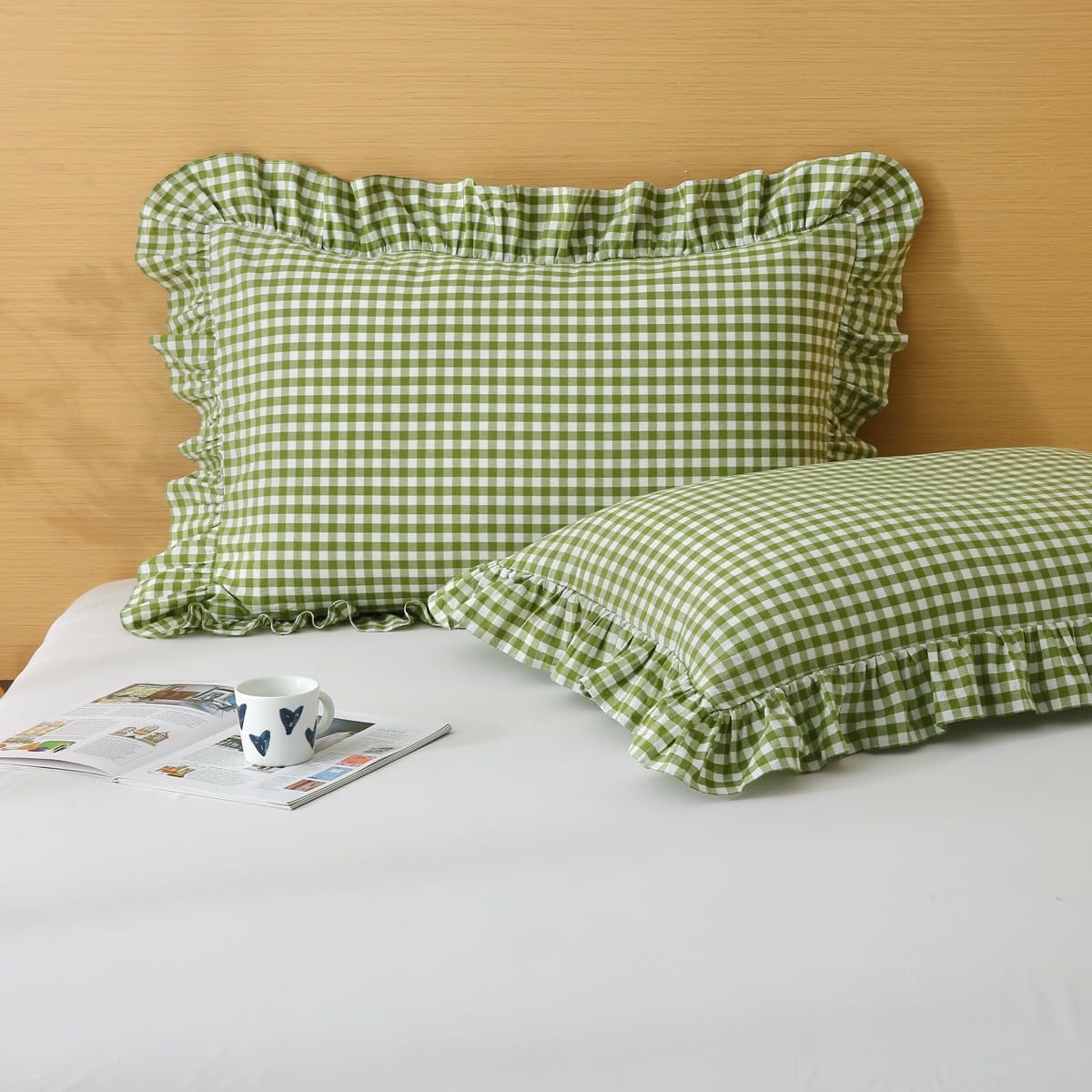 Silnuo Green/White Plaid Ruffled Queen Size Pillow Shams Set of 2, Washed Cotton Shabby Checkered Gingham Farmhouse Bed Pillow Covers 20"x30…