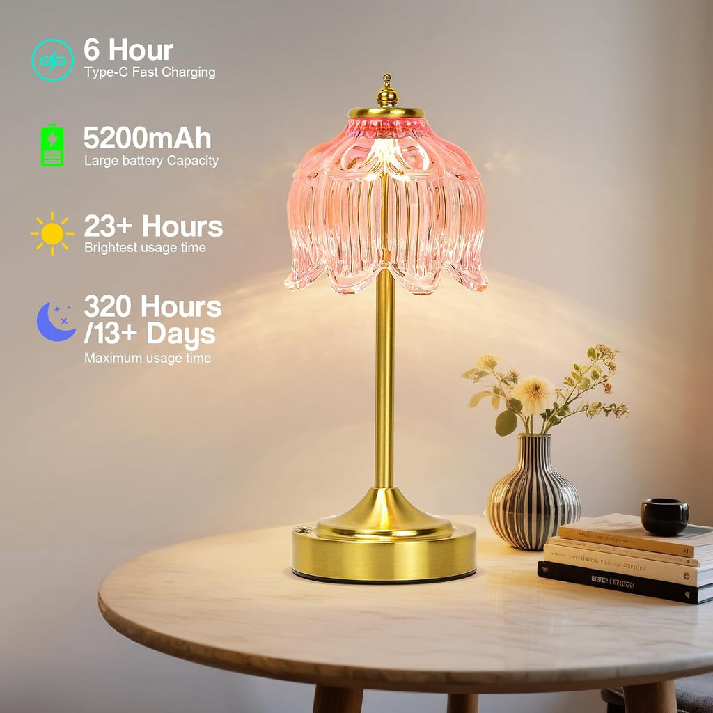 Cordless Lotus Flower Table Lamp, 5200mAh Rechargeable Battery Operated Portable Lamp, 3-Color Dimmable Touch Control Small Desk Lamp for…