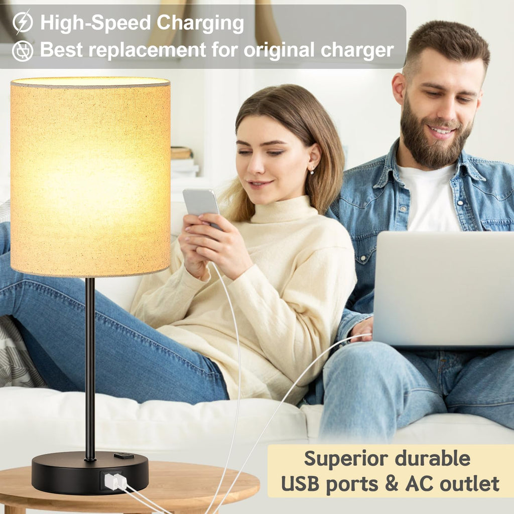 Lynnoland Set of 2 Touch Beige Table Lamps with 2 USB Ports & AC Outlet, 3-Way Dimmable Bedside Nightstand Lamps for Living Room Nursery…