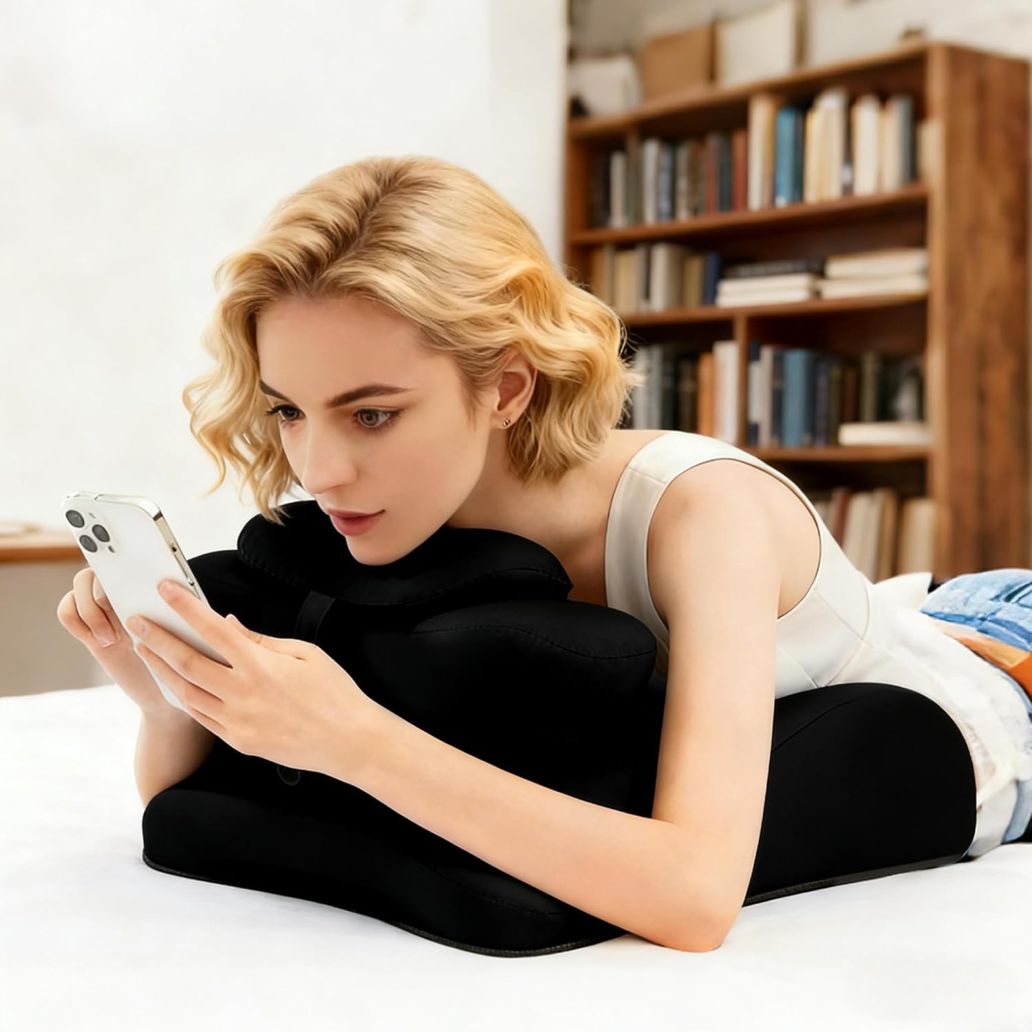 Ergonomic Memory Foam Wedge Pillow, Back and Neck Support Cushion for Reading in Bed, Sitting Up, Bed Rest and Watching TV (Black)