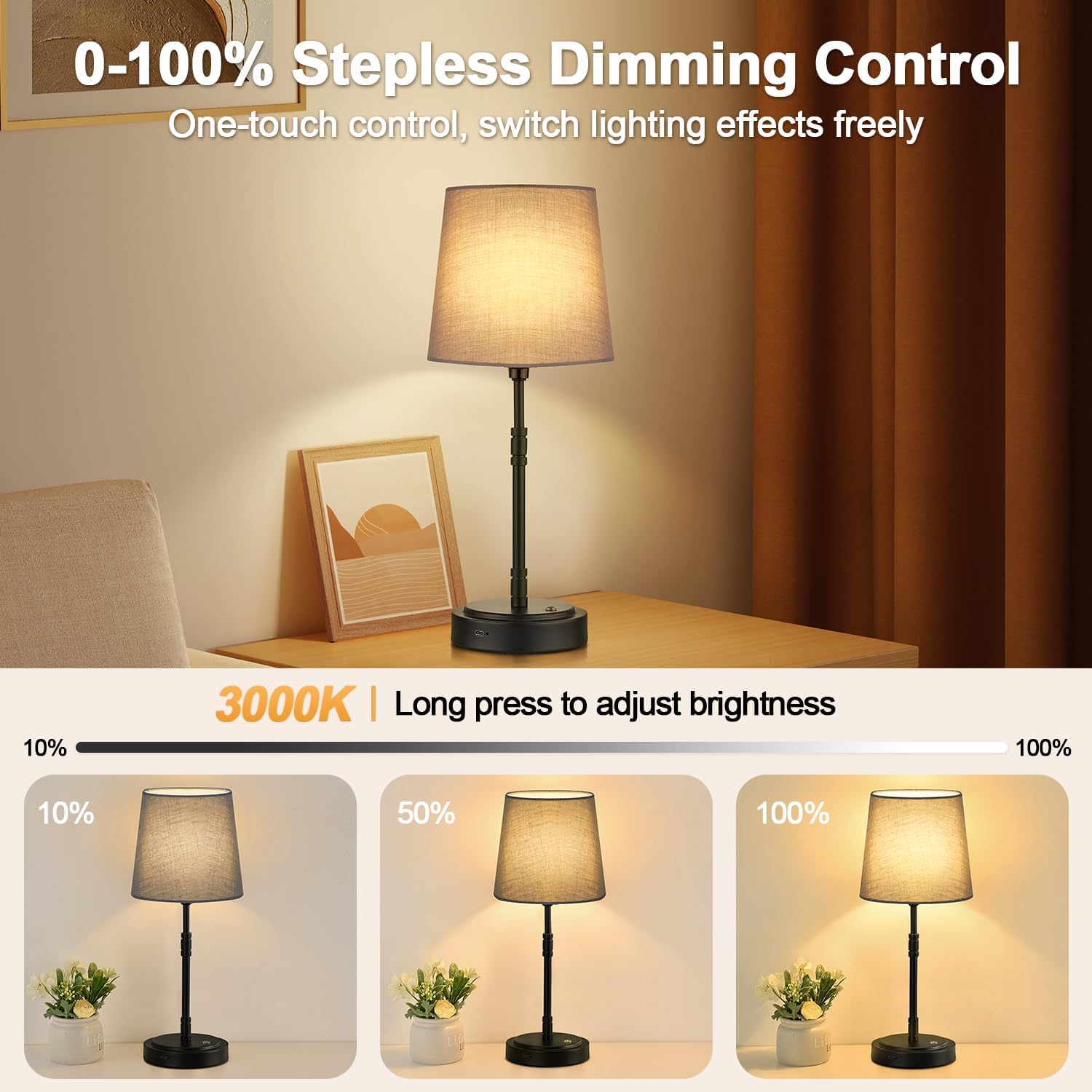 Cordless Table Lamps Set of 2 – Battery Operated Lamp with 7500mAh Rechargeable Battery, Stepless Dimmable Black Lamps with Grey Shade…