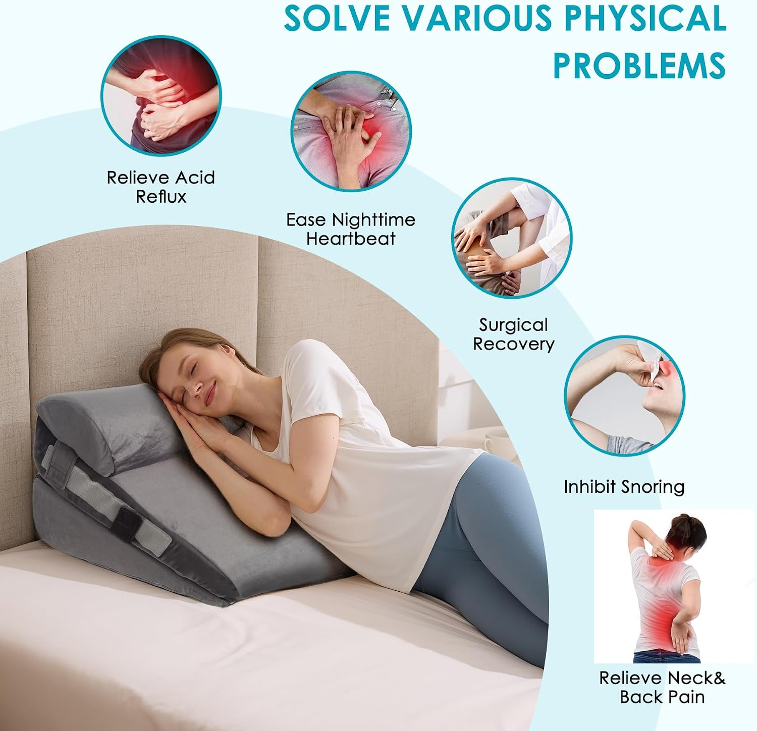 Wgakced 3Pcs Wedge Pillow Set for After Surgery, Acid Reflux Relief, Adjustable Bed Wedge Pillows for Sleeping, Anti Snore, Memory Foam Trian…