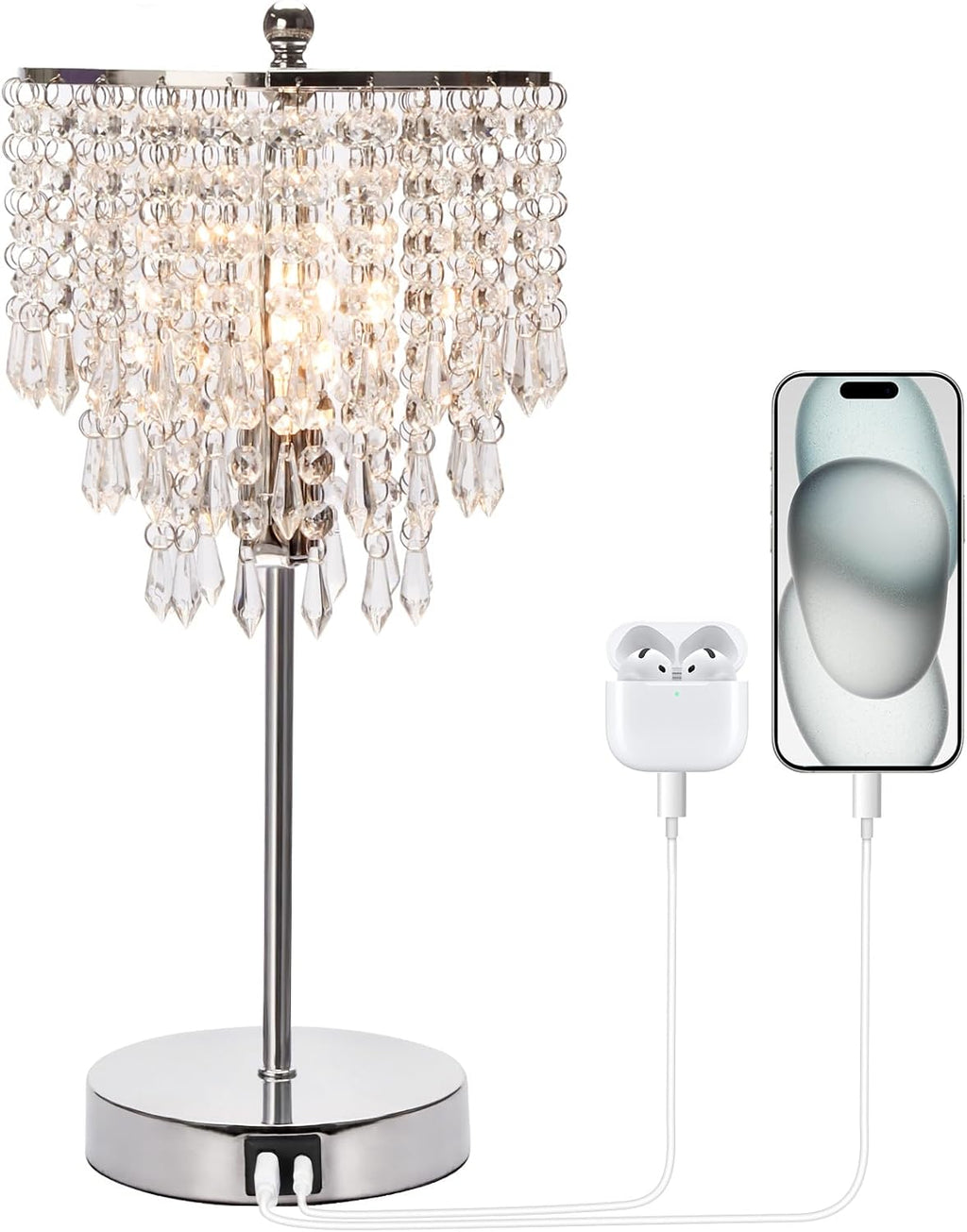 Touch Control Crystal Table Lamp with USB C+A Charging Ports, 3-Way Dimmable Bedside Touch Lamp Decorative Nightstand Lamp with Elegant…