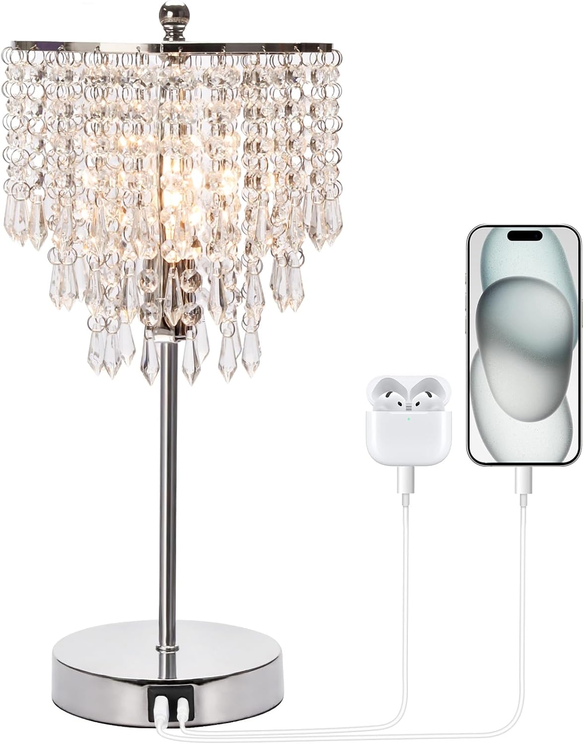 Touch Control Crystal Table Lamp with USB C+A Charging Ports, 3-Way Dimmable Bedside Touch Lamp Decorative Nightstand Lamp with Elegant…