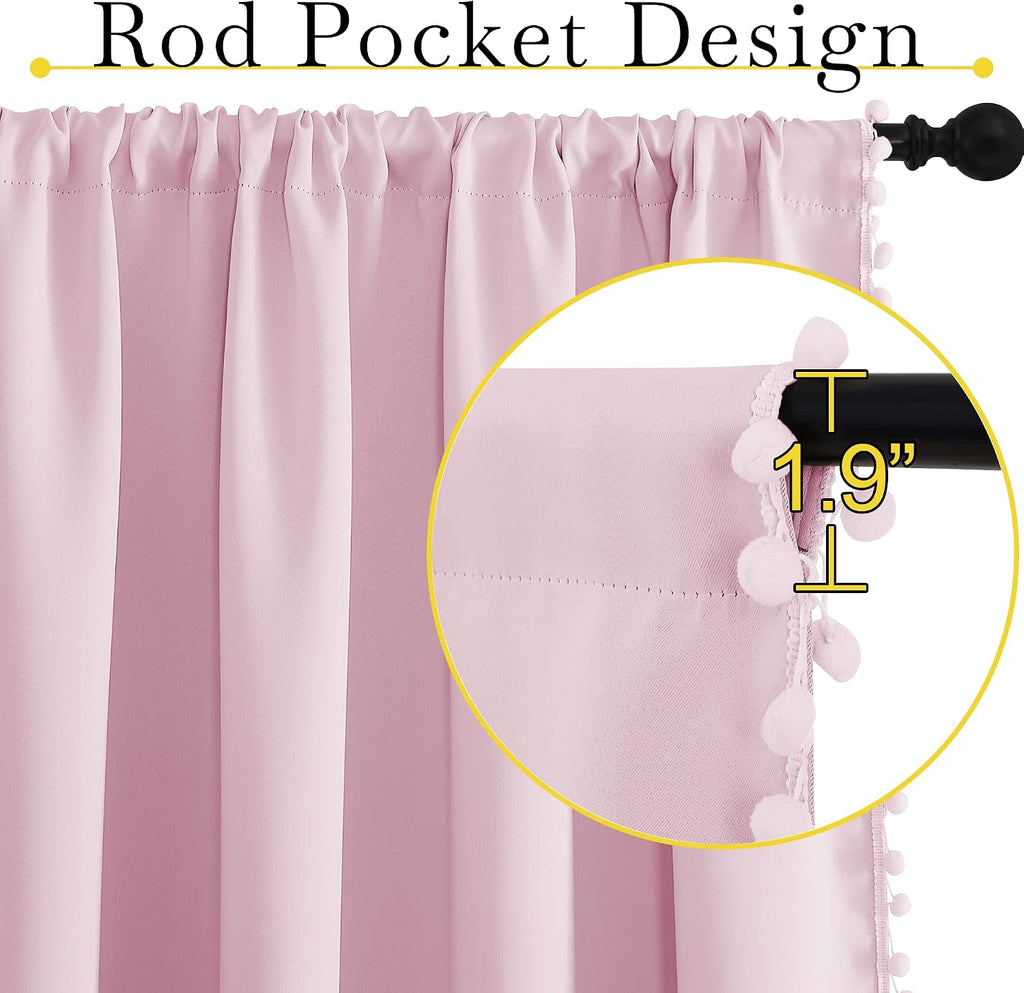 NICETOWN Pom Pom Blackout Curtains for Girls Bedroom Boho Pink Window Curtains for Nursery Rod Pocket Thermal Insulated Living Room…