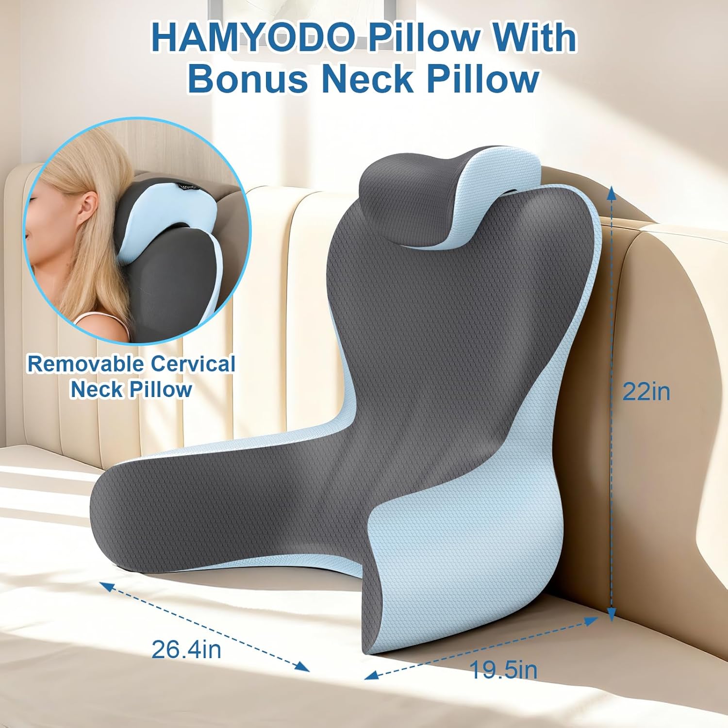 Hamyodo Reading Pillow for Sitting in Bed,22" H Back Support Pillow for Sitting up, Back Rest & Lumbar Support Pillows with Arms, Bed Rest C…