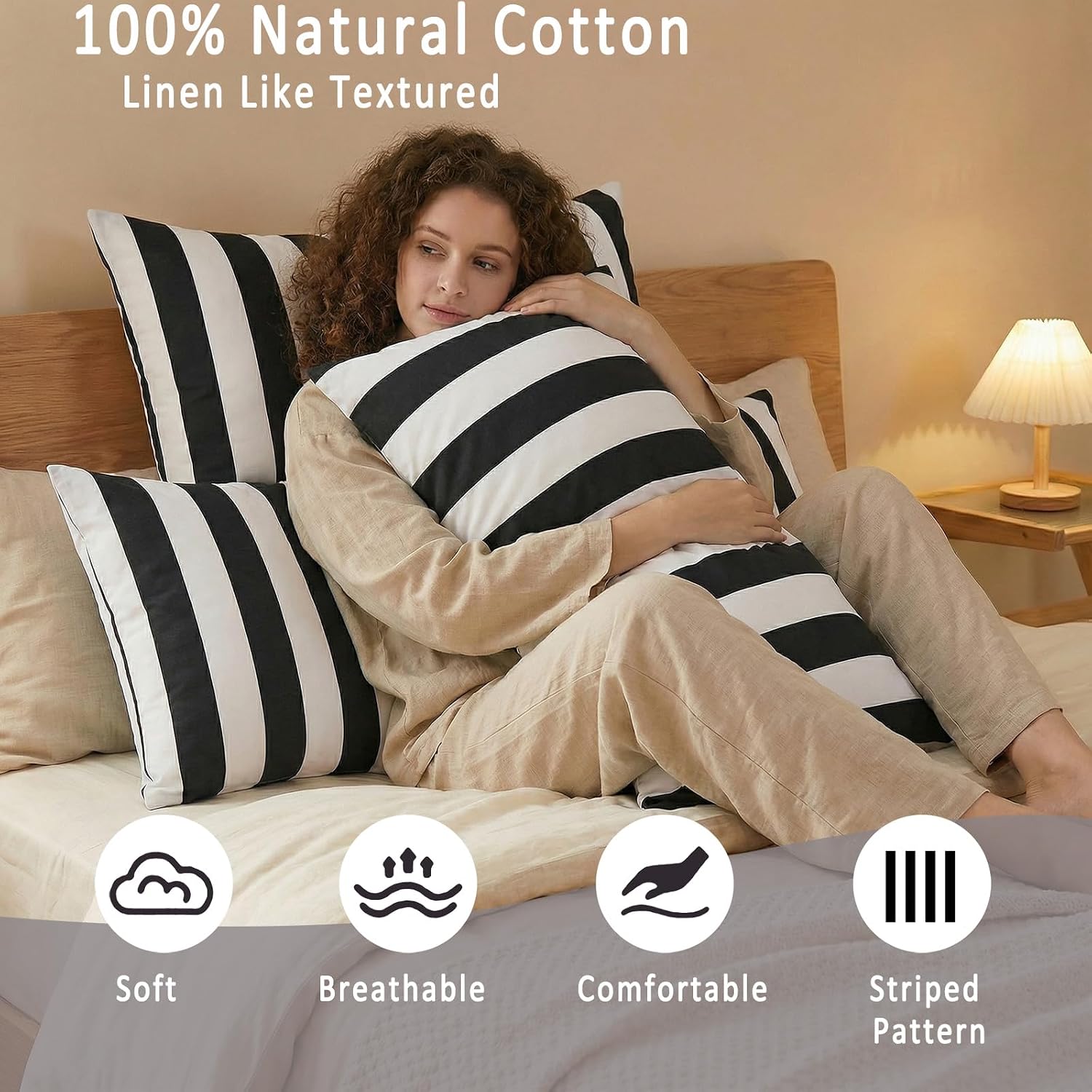 Merryword Standard Size Pillowcases, 100% Cotton Pillow Cases, Black and White Striped Pillowcases, Soft Breathable Wide Stripes Pillow Cov…