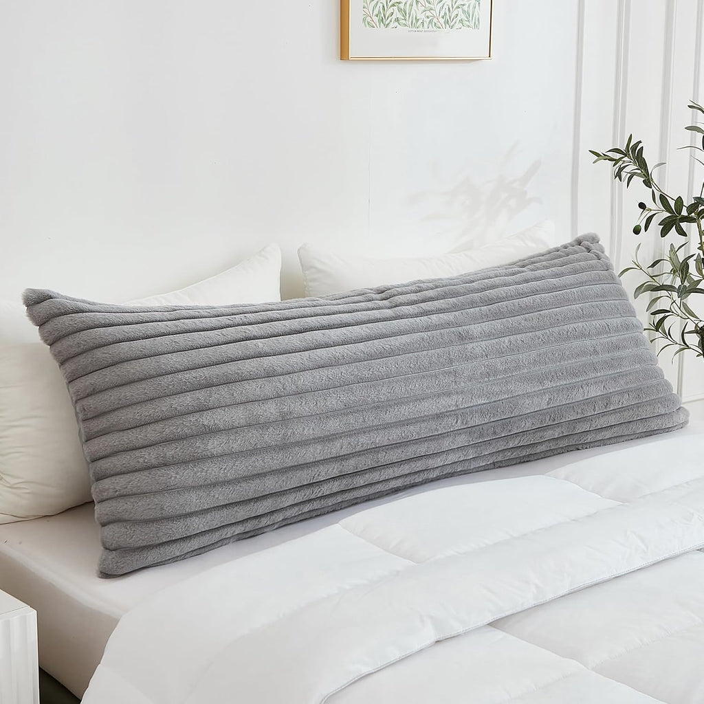 Memfydu Full Body Pillow with Fluffy Stripe Faux Fur Removable Cover, Long Bed Pillow Adult 20x54 Inches for Side Sleeper and Pregnancy, Gr…