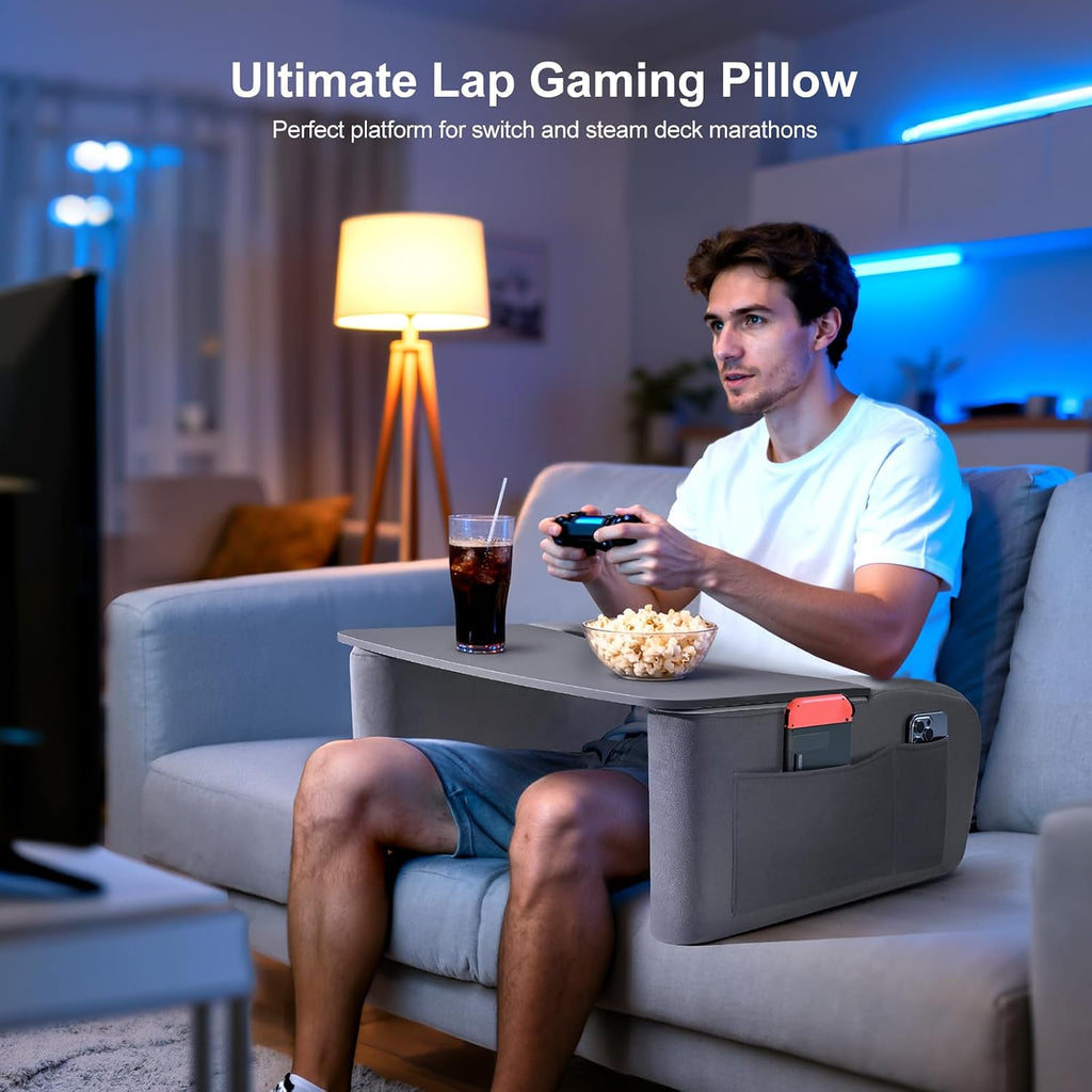 OPTIXCELL Reading Pillow for Gaming with Ergonomic Arm Rests, Wooden Lap Desk for Laptop, Support Pillow with Side Pockets for Reading…