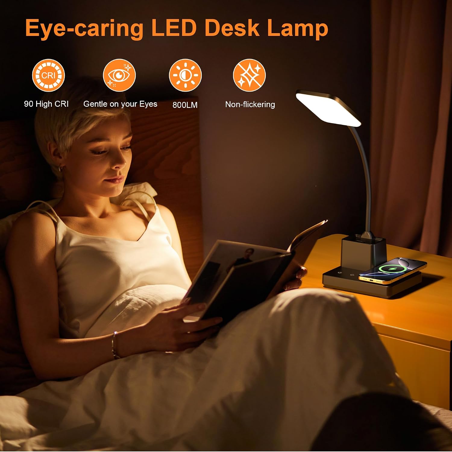 Desk Lamp, Table Lamp with Wireless Charger & USB Port, 800LM CRI95 3 Color Modes Dimmable Touch Flexible Arm Pen Holder, LED Desk Lamps…