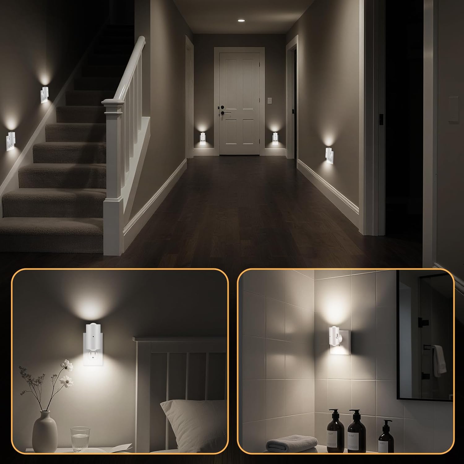 4 Pack Small LED Night Light, Dimmable Plug-in with Dusk to Dawn Auto On/Off, 5000K Daylight Adjustable Brightness (0-200LM), 180°…