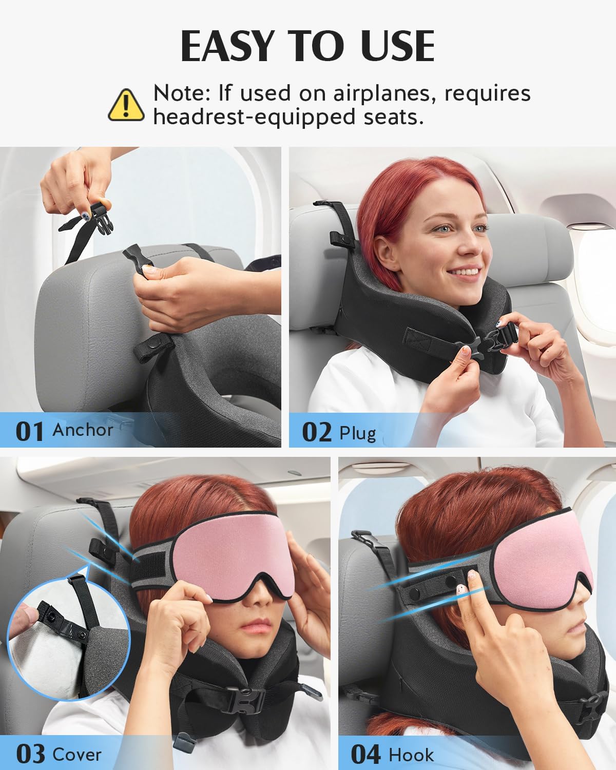 YFONG Travel Pillow for Long Flight Airplanes, Head Strap Combo with 3D Contoured Eye Mask for Sleep, Neck Pillow for Car Trip Essential…