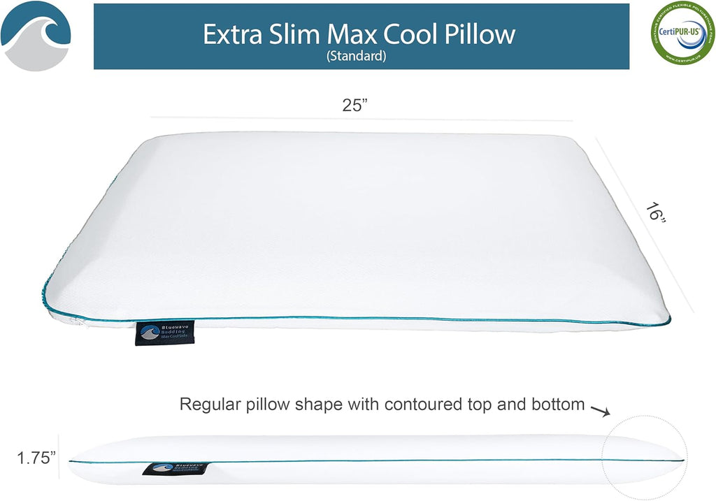 BluewaveBedding Bluewave Bedding Extra Max Cool CarbonBlue Gel Memory Foam Pillow for Stomach and Back Sleepers - Thin, Flat Design wi…