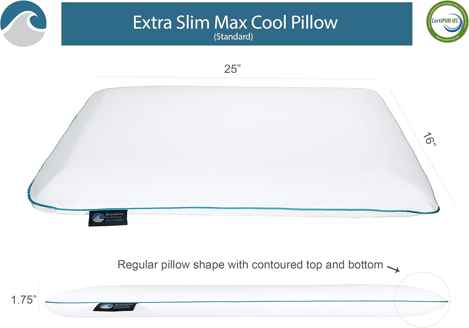 BluewaveBedding Bluewave Bedding Extra Max Cool CarbonBlue Gel Memory Foam Pillow for Stomach and Back Sleepers - Thin, Flat Design wi…