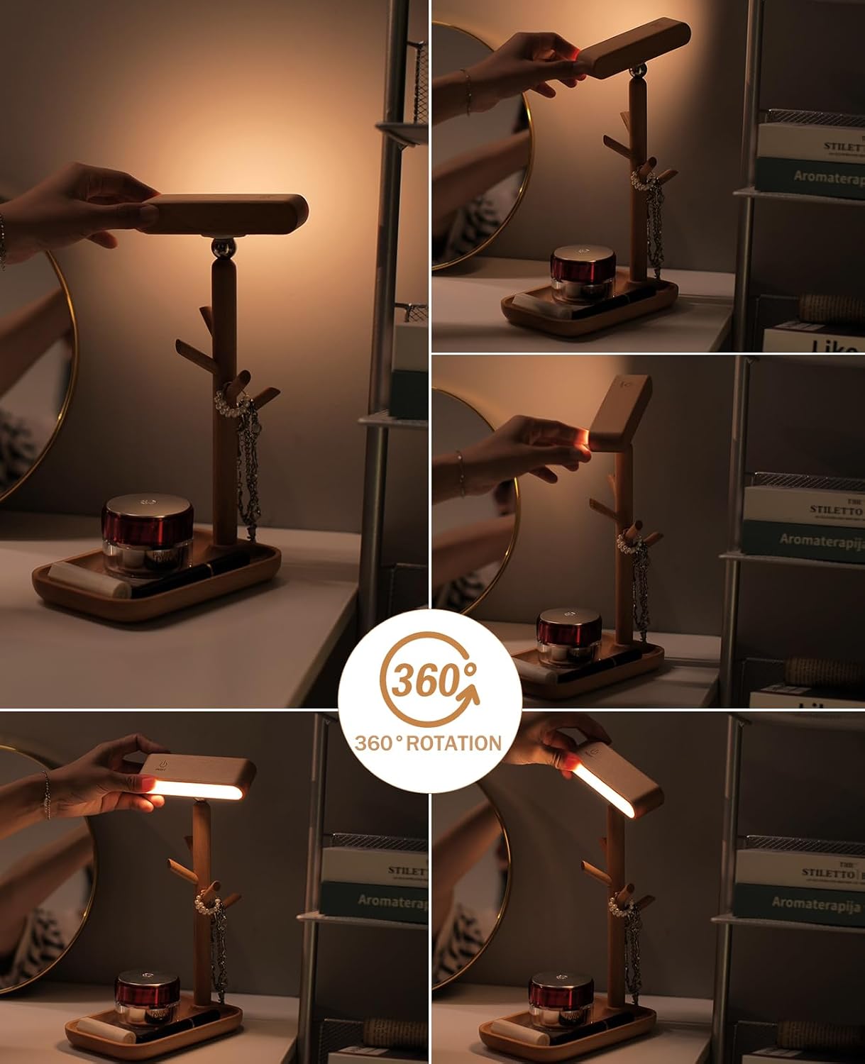 Wooden Table Lamp, Tree Trunk Rechargeable LED Desk Lamp with Organizer and Magnetic 360° Rotating Night Light for Bedside, Dorm Room or…