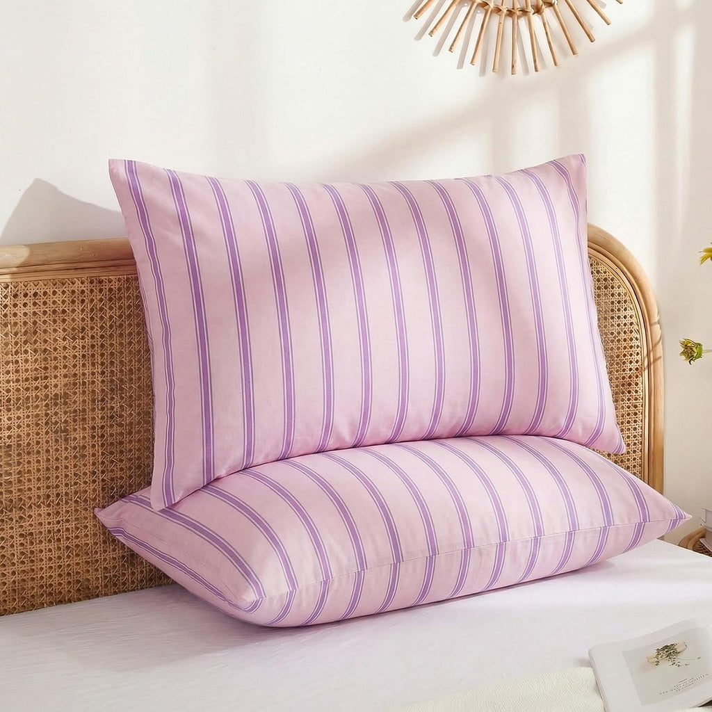 Merryword 100% Cotton Pillow Cases, King Size Pillowcases, Pink & Purple Striped Pillowcases, Luxury Linen Like Pillowcase, Soft Breathable…
