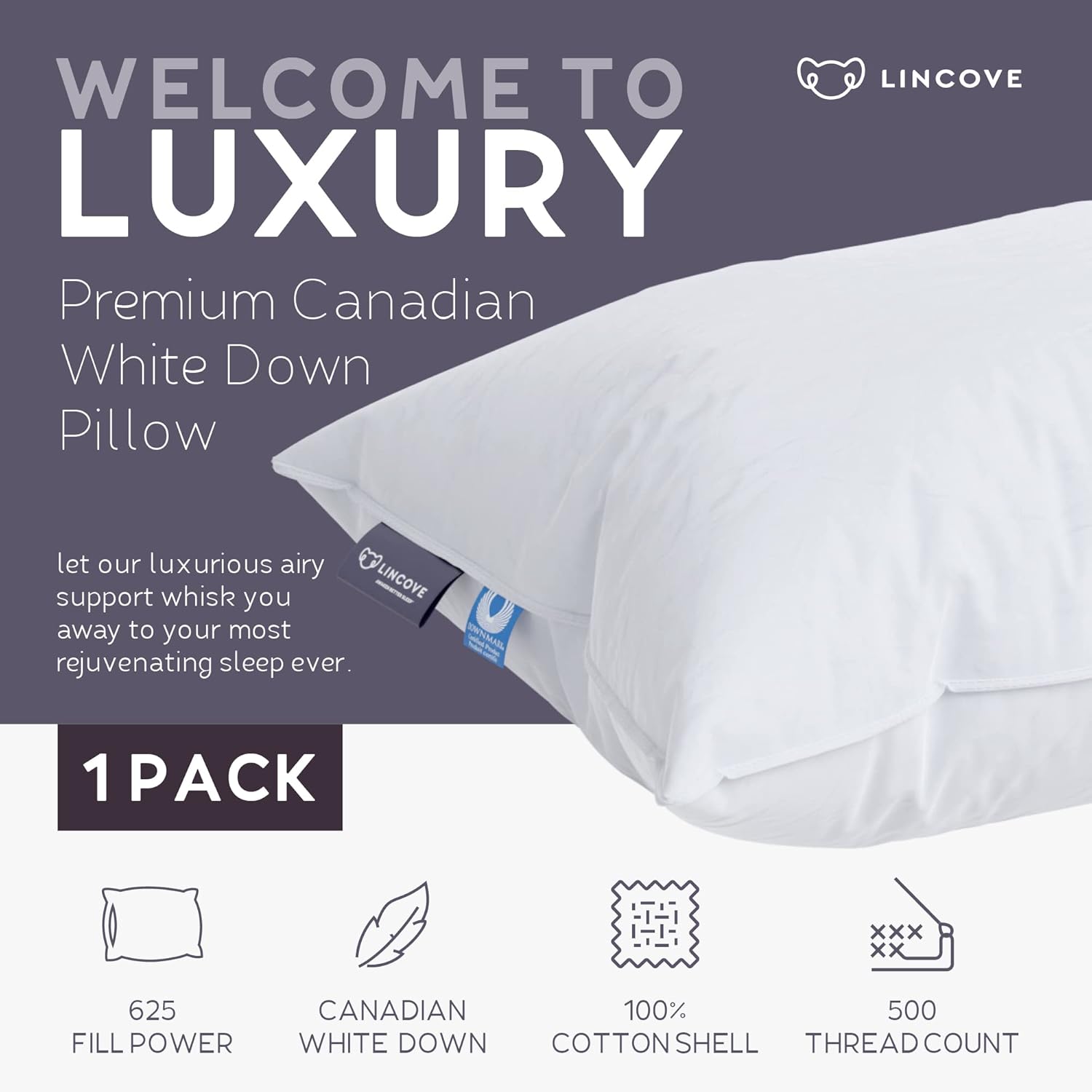 Lincove Cloud Natural Canadian Down Pillow, White Luxury Sleeping Pillow - 625 Fill Power, 500 Thread Count Cotton Shell, Made in Canada…